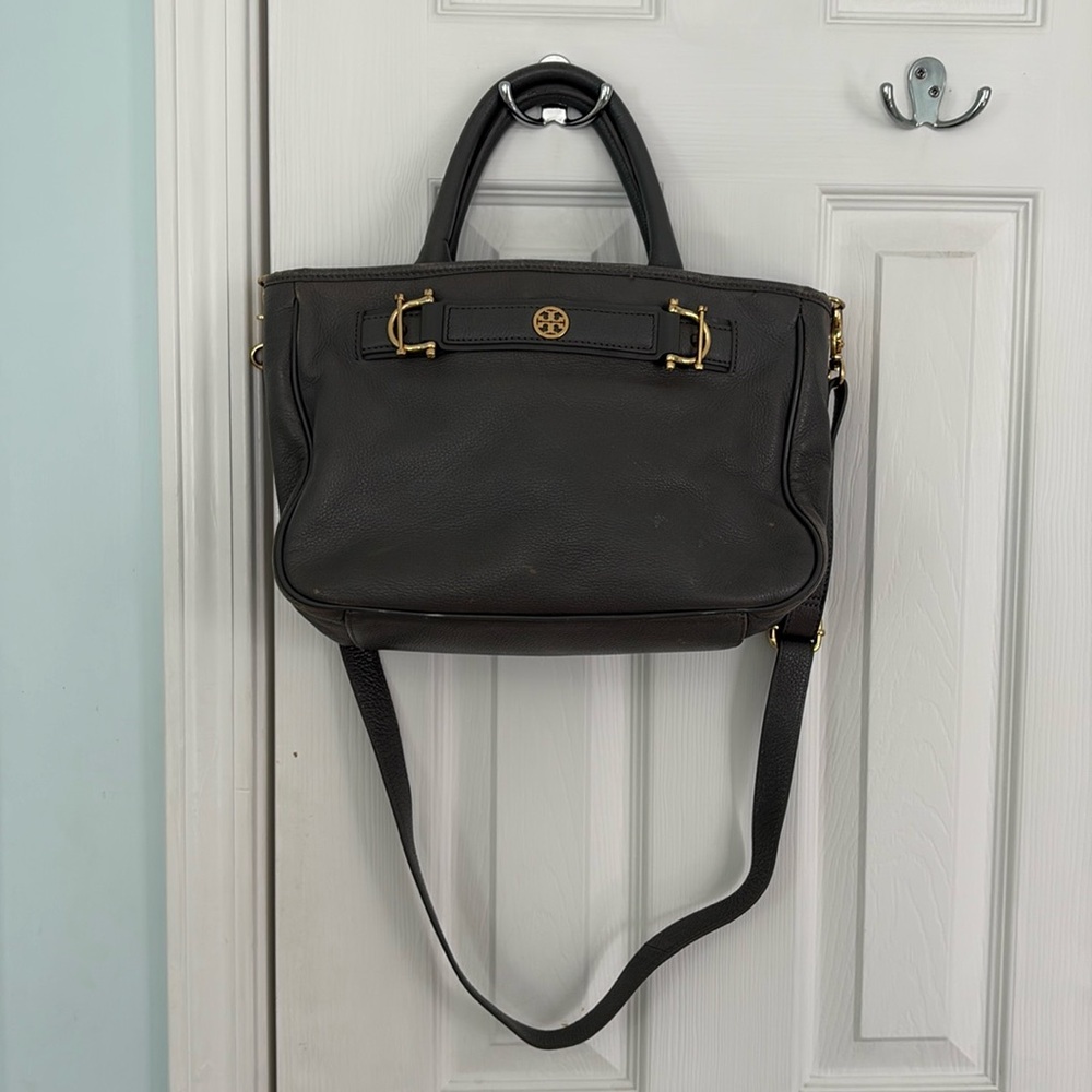 Tory Burch dark gray pebbled leather horsebit Jaden Satchel handbag
